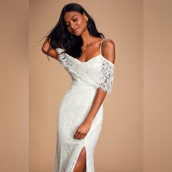 NWT Lulus Caterina White Lace Off-the-Shoulder Mermaid Maxi Dress Gown XS - Picture 2 of 16